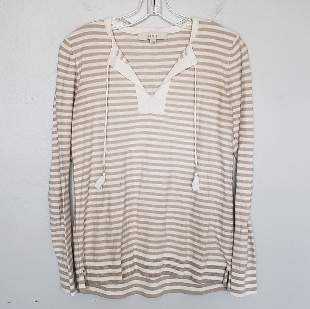 Loft Striped Lightweight Cotton Split Neck Tassel… - image 1